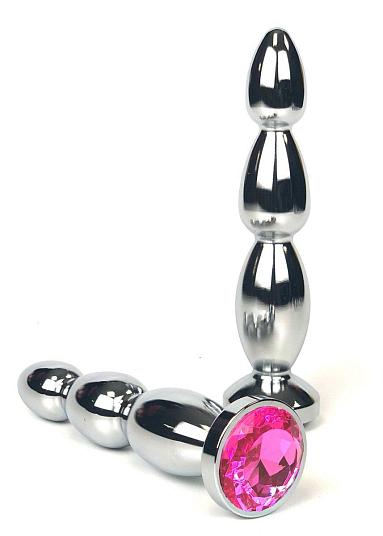 Серебристая удлиненная анальная ёлочка с розовым кристаллом - 12 см.