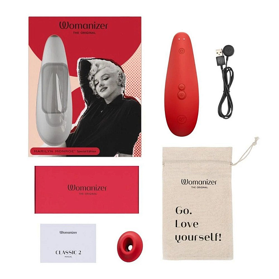 Красный бесконтактный клиторальный стимулятор Womanizer Marilyn Monroe Special Edition - анодированный пластик, силикон