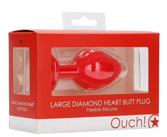 Красная анальная пробка с прозрачным стразом Large Ribbed Diamond Heart Plug - 8 см. от Intimcat