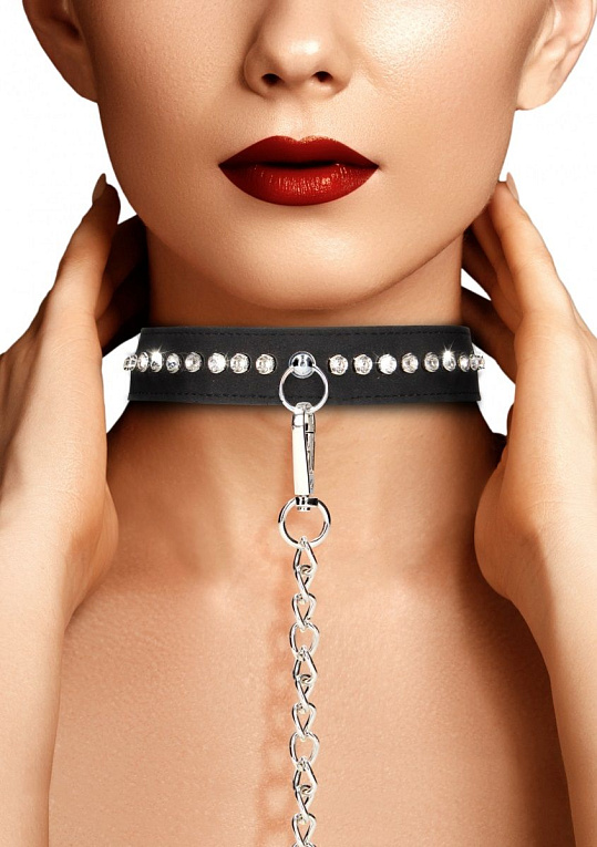 Черный ошейник с поводком Diamond Studded Collar With Leash - искусственная кожа, металл