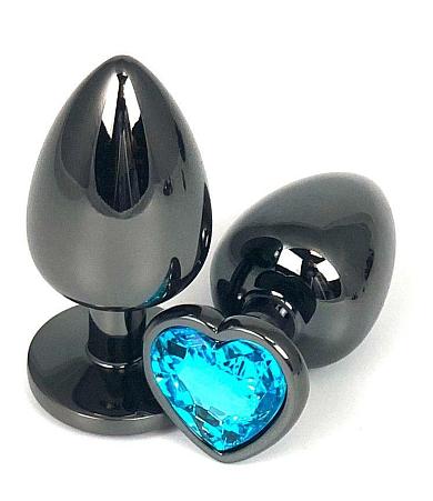 Черная металлическая анальная пробка с голубым стразом-сердечком - 6,5 см.
