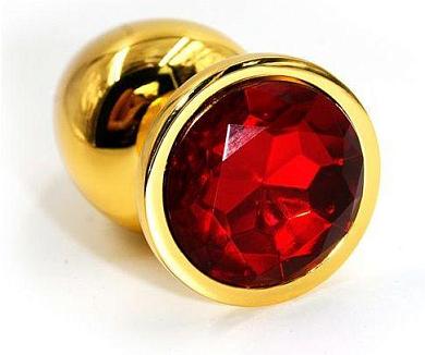 Золотистая алюминиевая анальная пробка с красным кристаллом - 8,4 см.