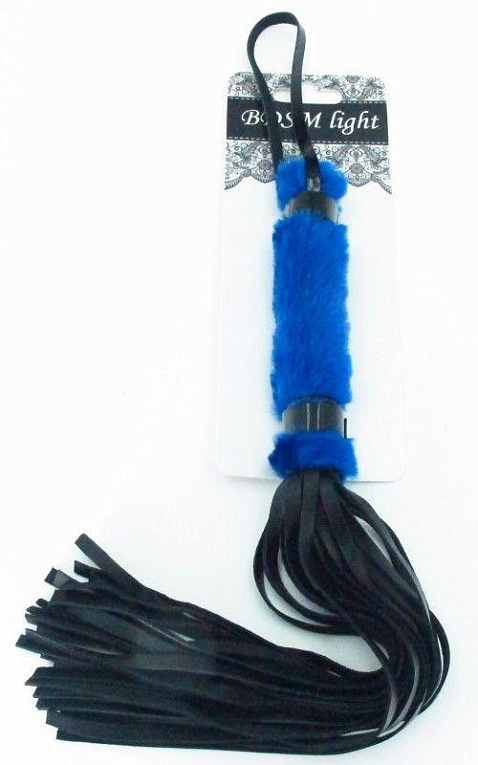 Черная плеть с синей меховой рукоятью - 44 см. - искусственная кожа