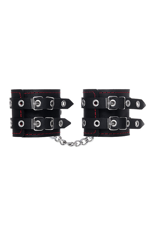 Черные кожаные наручники с двумя ремнями и контрастной строчкой от Intimcat