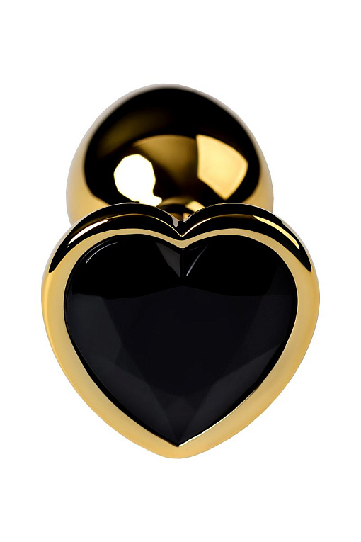 Золотистая коническая анальная пробка с черным кристаллом-сердечком - 7 см. ToyFa