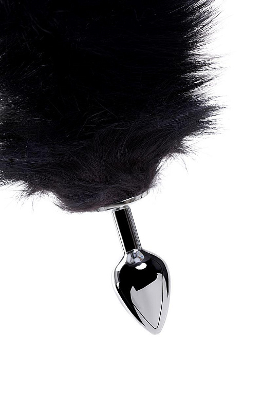 Серебристая анальная втулка с черным лисьим хвостом - фото 5