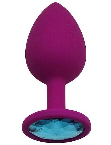 Пурпурная анальная пробка с голубым кристаллом - 8,4 см.