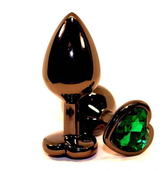 Черная коническая анальная пробка с зеленым кристаллом-сердечком - 8 см. - металл