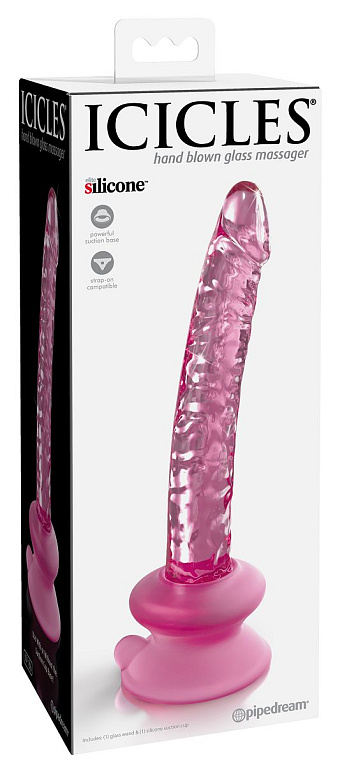 Розовый стеклянный фаллоимитатор Icicles №86 с силиконовой присоской - 17 см. - стекло, силикон