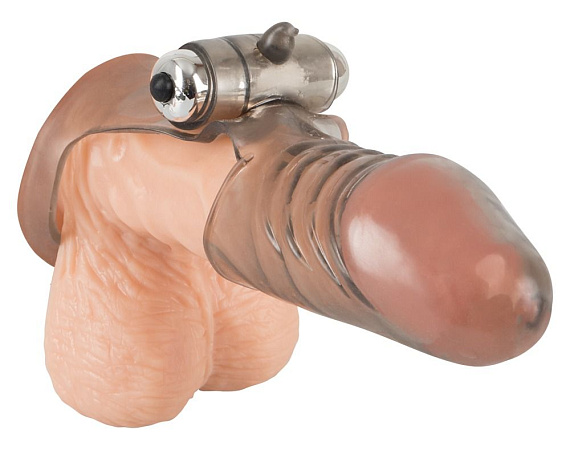 Дымчатая закрытая насадка на пенис с вибропулей - 15 см. Orion