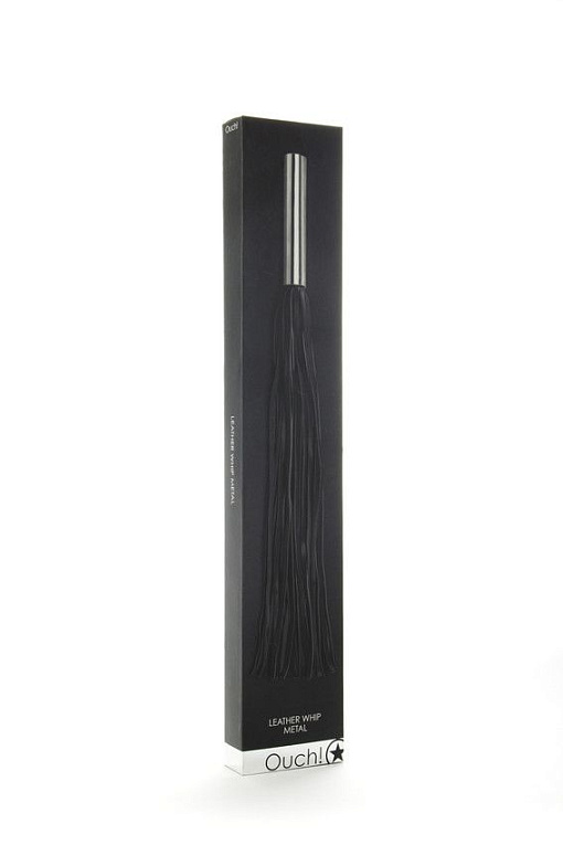 Чёрная плётка Leather Whip Metal Long - 49,5 см. - металл, натуральная кожа