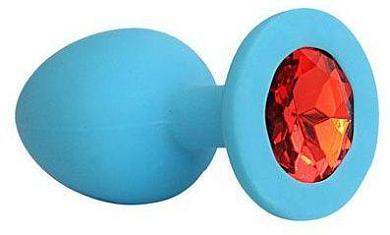 Голубая силиконовая анальная пробка с красным кристаллом - 9,5 см.