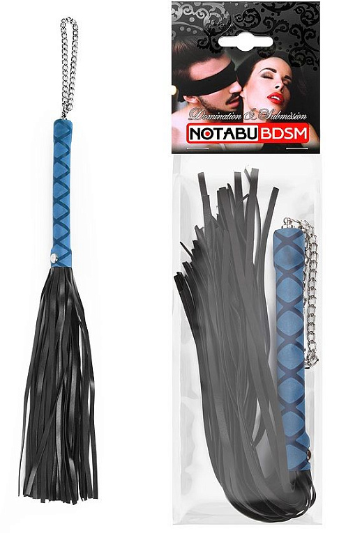 Черная многохвостая плеть-флоггер с синей ручкой - 40 см. - искусственная кожа