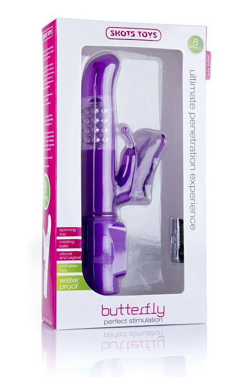 Фиолетовый вибратор Hi-Tech Butterfly с клиторальной бабочкой - 22,8 см. - термопластичный эластомер (TPE)