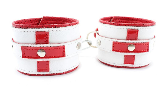 Бело-красные кожаные наручники  Медсестричка от Intimcat