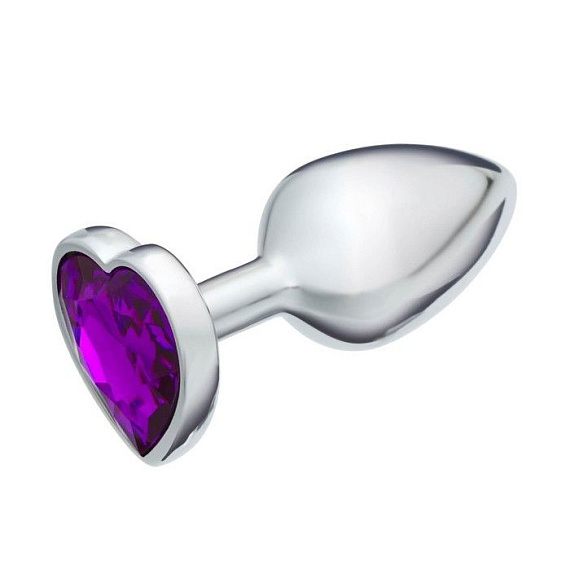 Серебристая анальная пробка с фиолетовым кристаллом в форме сердца - 7 см. - алюминий
