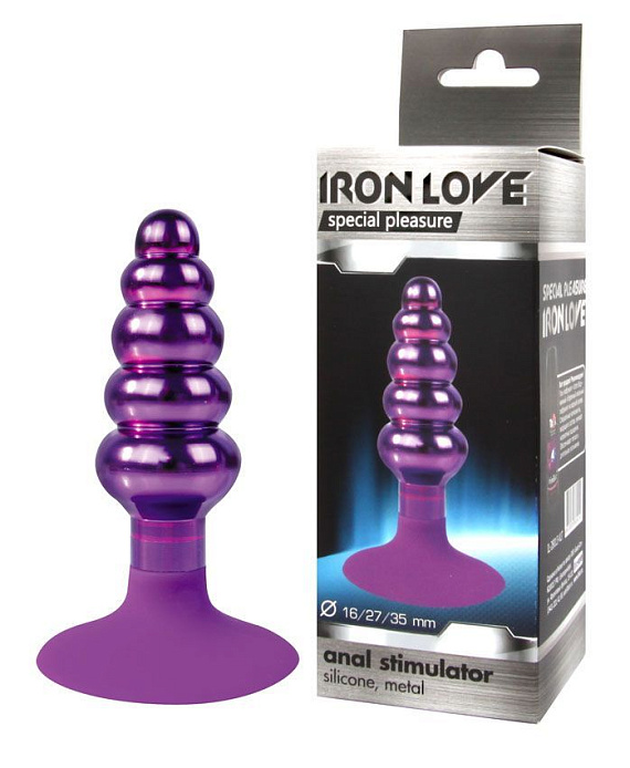 Фиолетовая анальная пробка-елочка с круглым ограничителем - 10 см. - металл, силикон