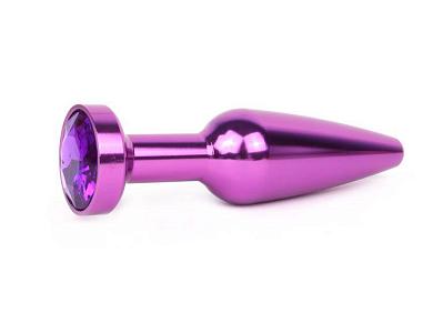 Удлиненная коническая гладкая фиолетовая анальная втулка с кристаллом фиолетового цвета - 11,3 см.