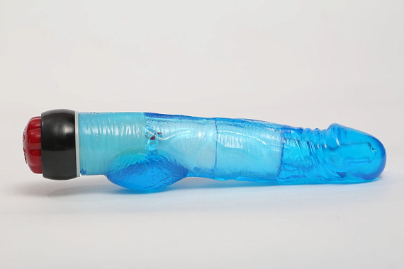 Голубой вибратор-реалистик с мошонкой и подсветкой - 21,5 см. - термопластичная резина (TPR)
