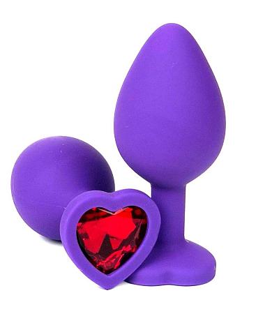 Фиолетовая силиконовая анальная пробка с красным стразом-сердцем - 8,5 см.