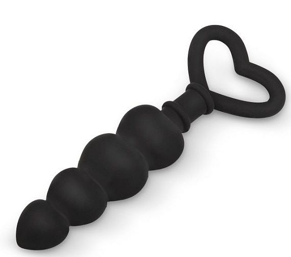 Черная рельефная анальная цепочка с ручкой-сердечком - 15 см. - силикон