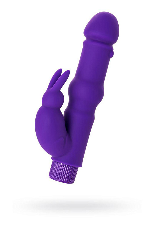 Фиолетовый вибратор с утолщением посередине и клиторальным зайчиком - 18 см. - силикон