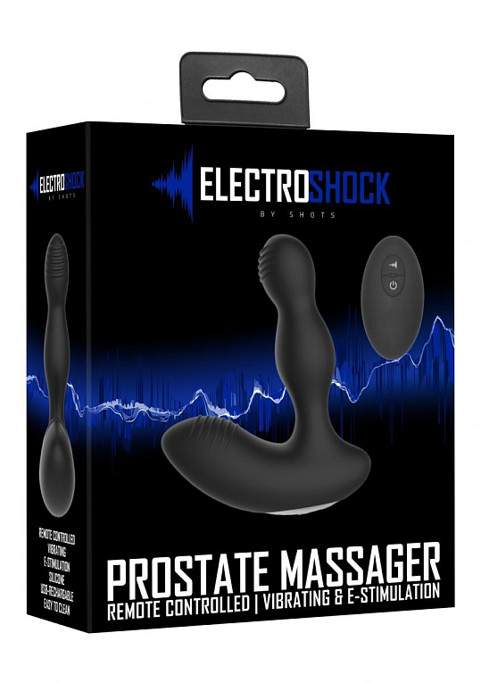 Черный массажер простаты с электростимуляцией и пультом ДУ Prostate massager - силикон