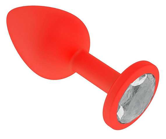 Красная анальная втулка с прозрачным кристаллом - 7,3 см. - силикон