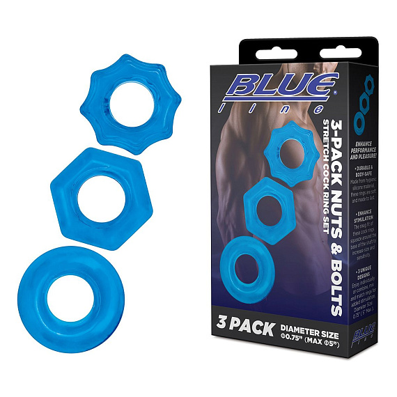 Комплект из трех голубых колец для эрекции 3-Pack Nuts   Bolts Stretch Cock Ring Set от Intimcat