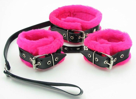 Черно-розовые меховые наручники и ошейник с поводком - искусственный мех
