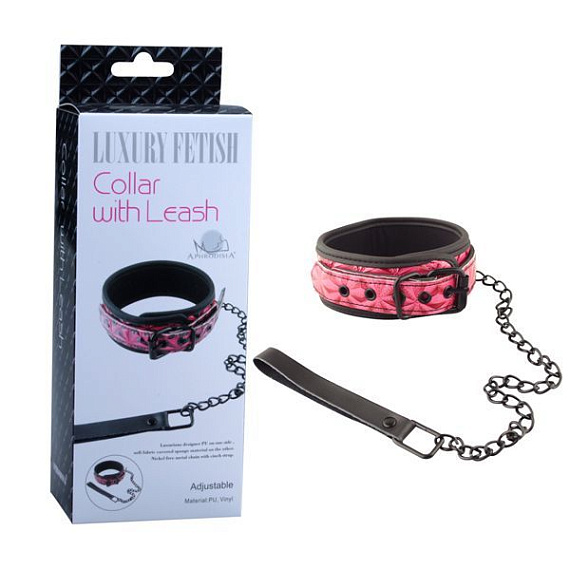 Розово-чёрный ошейник с поводком Collar With Leash - искусственная кожа