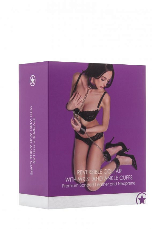 Чёрно-фиолетовый двусторонний комплект для бандажа Reversible Collar / Wrist / Ankle Cuffs Shots Media BV