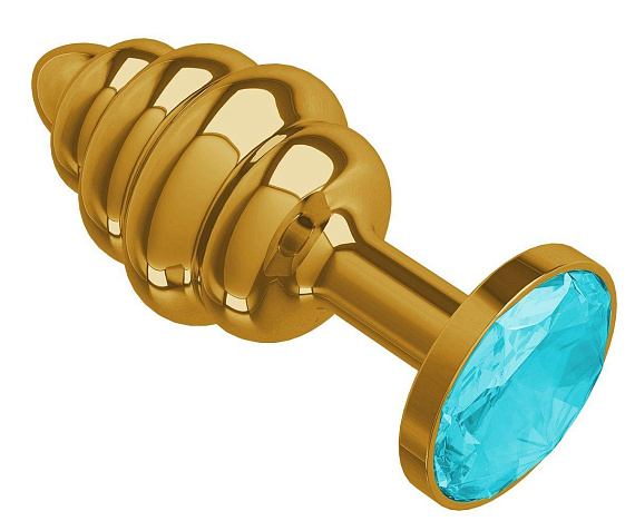 Золотистая пробка с рёбрышками и голубым кристаллом - 7 см. - металл