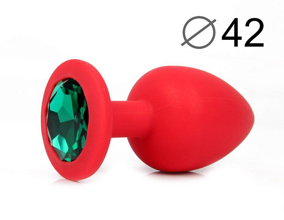 Красная анальная пробка с зеленым кристаллом - 9,5 см. - силикон