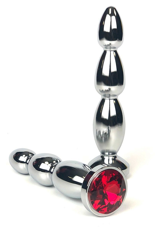Серебристая анальная пробка-ёлочка с красным кристаллом - 12 см.