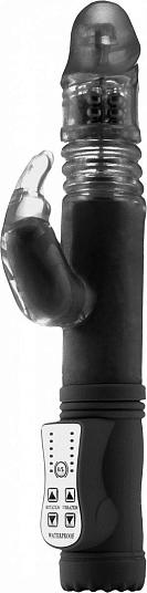 Чёрный вибратор Thrusting Rabbit с клиторальным стимулятором - 26 см.