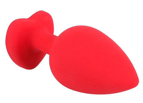 Красная силиконовая анальная пробка с черным стразом-сердечком - 9,3 см. - силикон