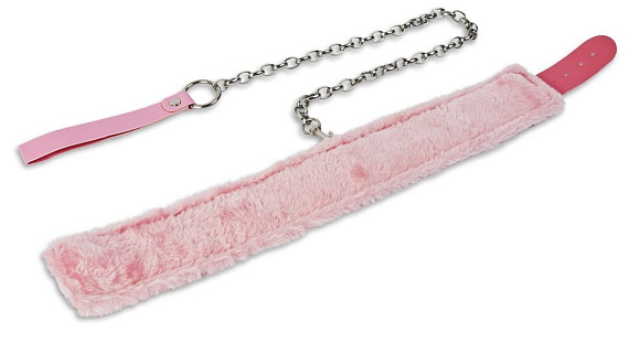 Розовый ошейник с меховой подкладкой и поводком - искусственная кожа