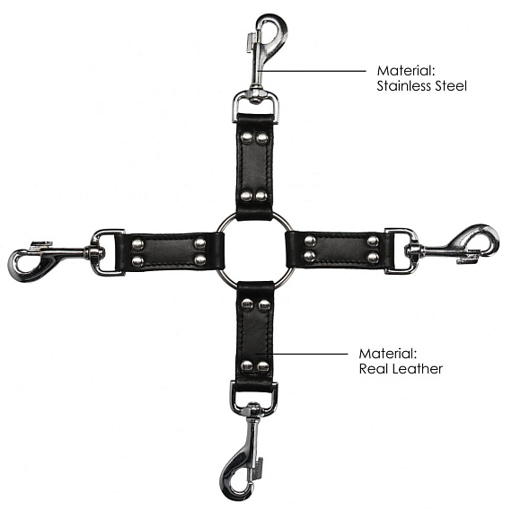 Черный крестообразный фиксатор 4-way Leather Hogtie Cross Hogtie - натуральная кожа