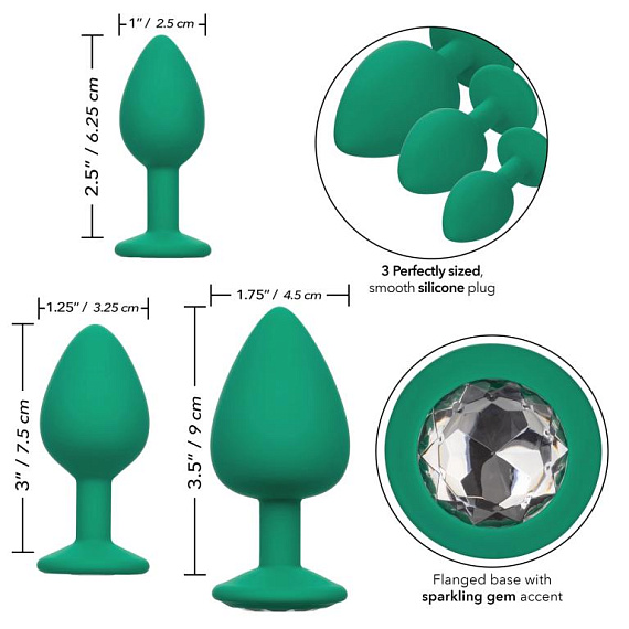 Набор из трёх зеленых анальных пробок с кристаллом Cheeky Gems - силикон