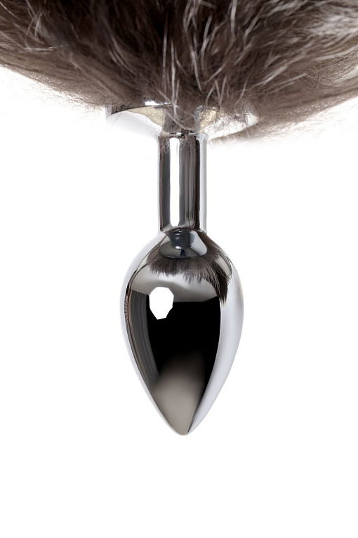 Серебристая металлическая анальная втулка с хвостом чернобурой лисы - размер S - фото 8