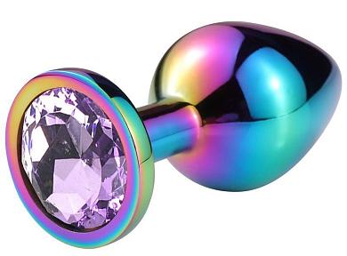 Разноцветная анальная пробка с сиреневым кристаллом - 7,5 см.