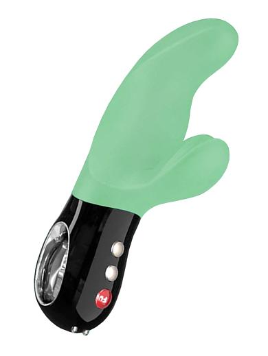 Зеленый вибратор Miss Bi с клиторальным отростком - 17 см.