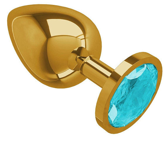 Золотистая большая анальная пробка с голубым кристаллом - 9,5 см. - металл