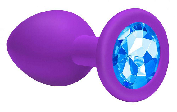 Средняя фиолетовая анальная пробка Emotions Cutie Medium с голубым кристаллом - 8,5 см. - силикон