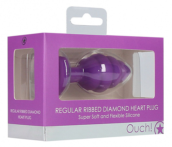 Фиолетовая анальная пробка Regular Ribbed Diamond Heart Plug - 7 см. - силикон