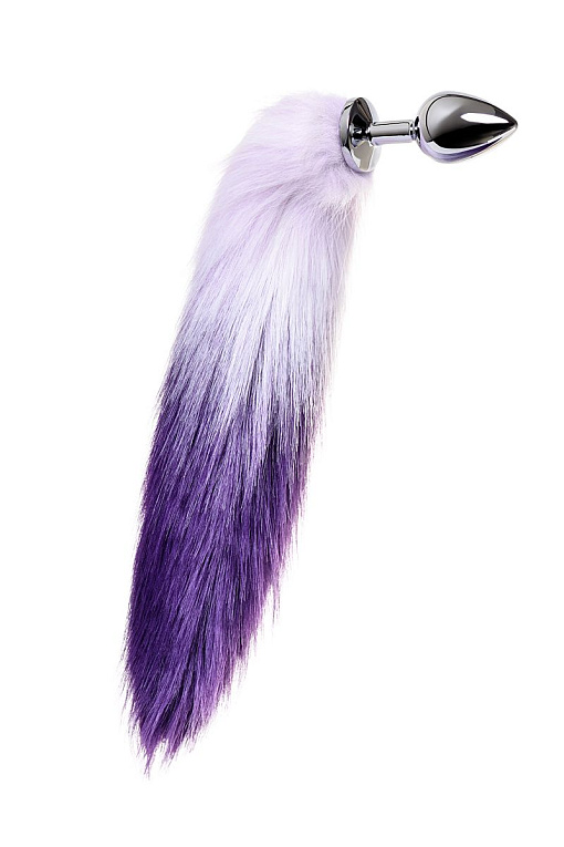 Серебристая металлическая анальная втулка с фиолетово-белым хвостом - размер M - металл, мех