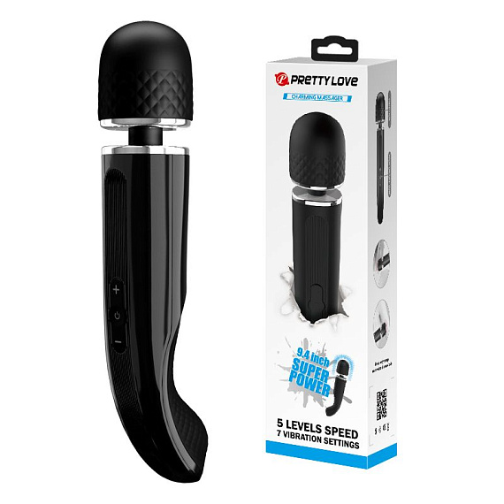 Черный мощный жезловый вибратор с изогнутой ручкой Charming Massager - 24 см. - анодированный пластик, силикон
