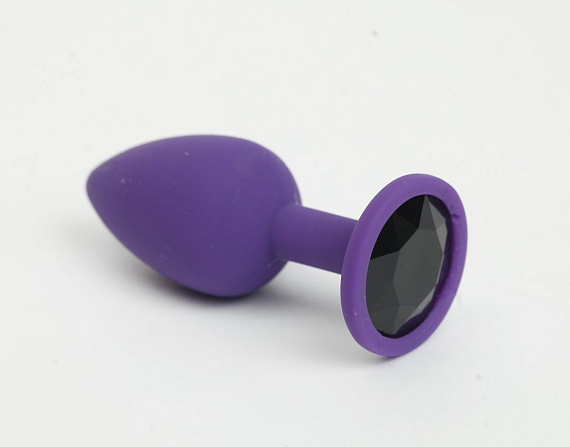 Фиолетовая анальная пробка с черным стразом - 7,6 см. - силикон