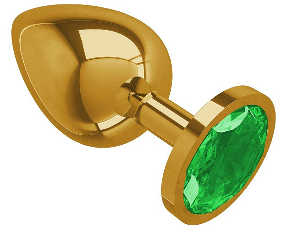 Золотистая большая анальная пробка с зеленым кристаллом - 9,5 см. - металл